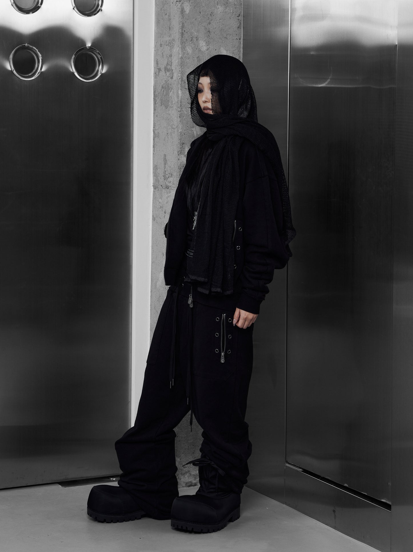 【ROSEN KREUZ】EYELET EDGE Set-Up LAYERED SWEAT PANTS (BLACK)
