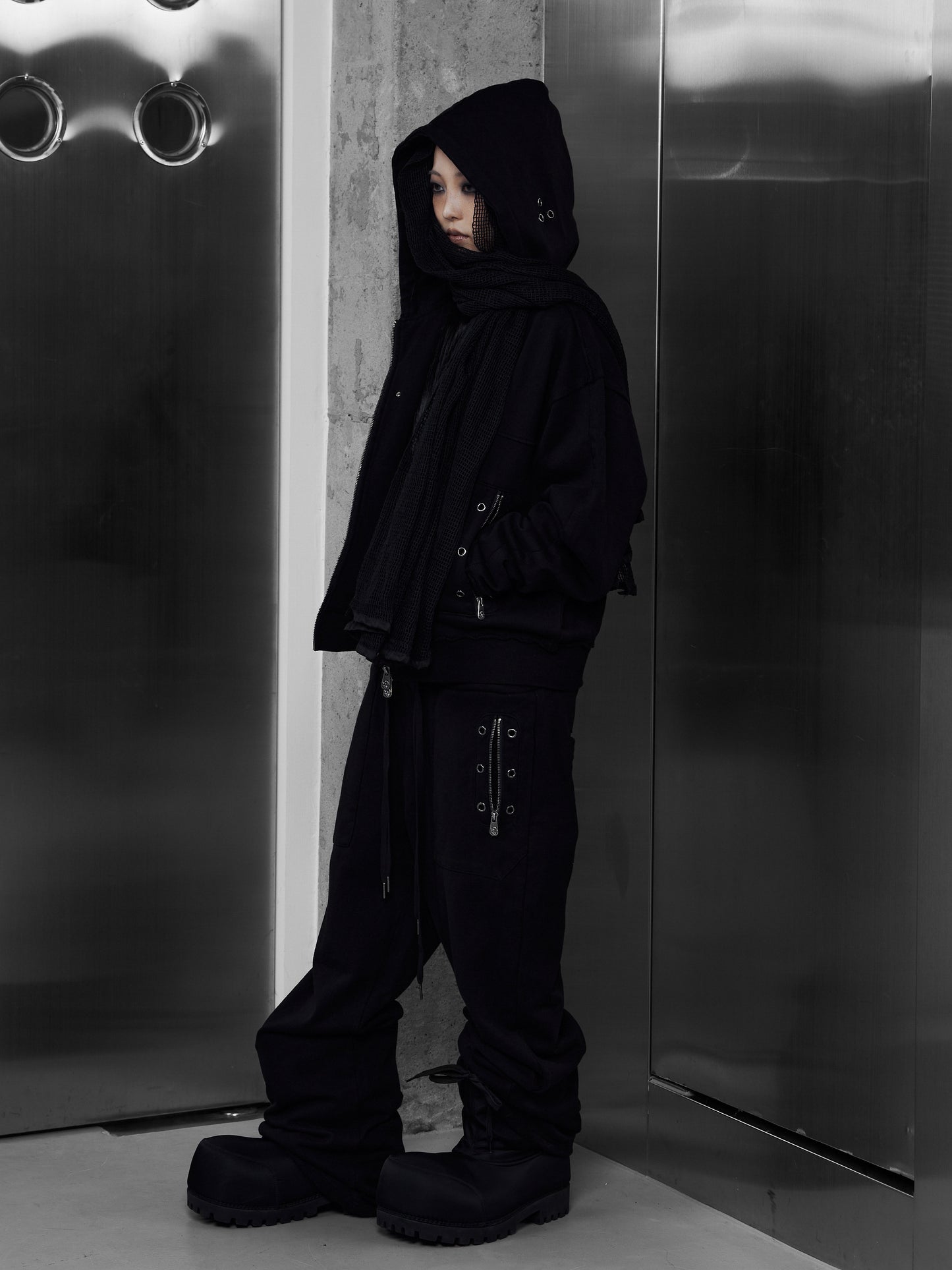 【ROSEN KREUZ】EYELET EDGE Set-Up LAYERED SWEAT PANTS (BLACK)