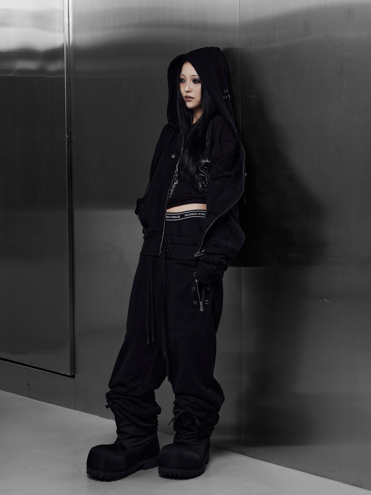 【ROSEN KREUZ】EYELET EDGE Set-Up LAYERED SWEAT PANTS (BLACK)