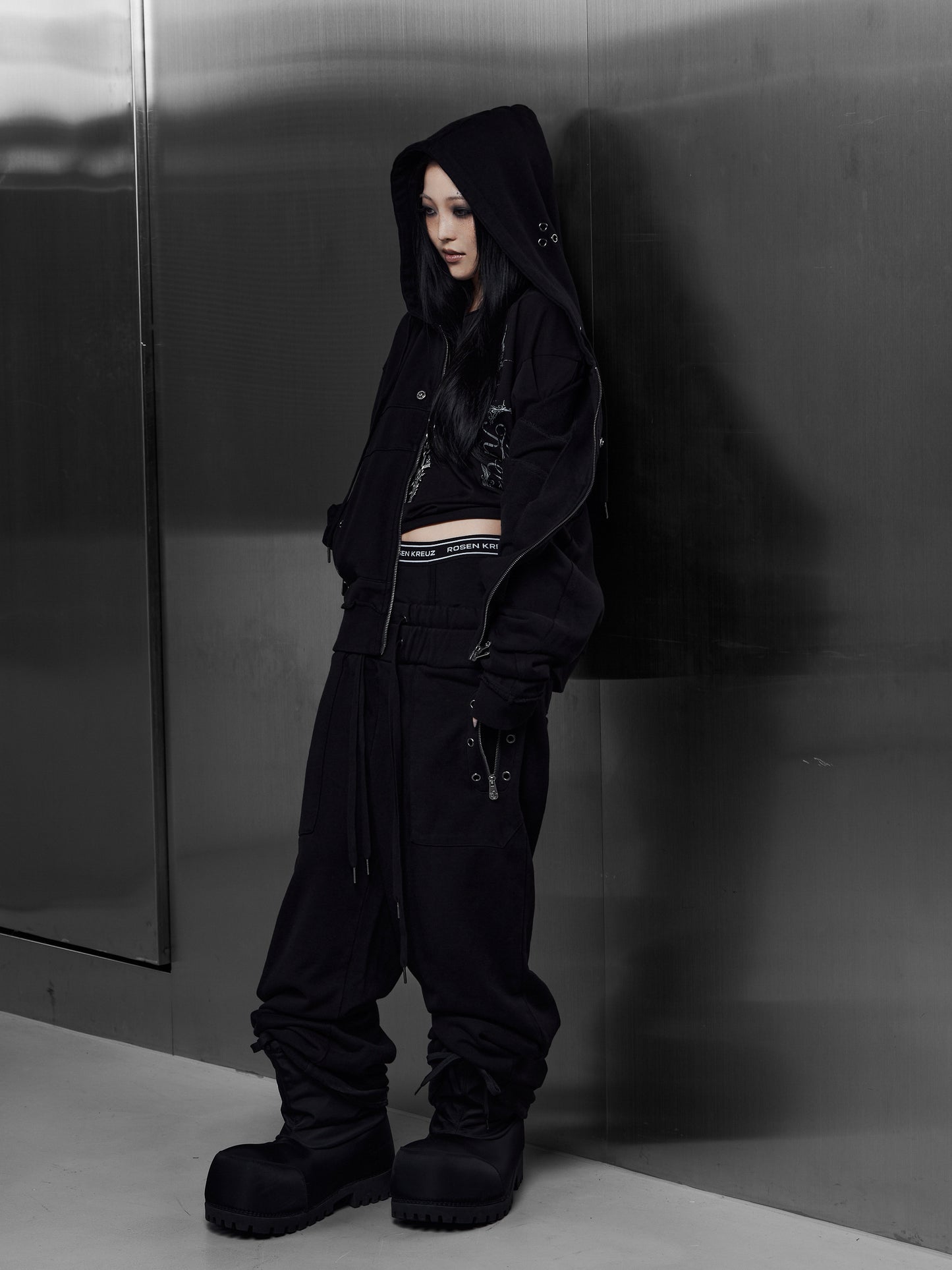 【ROSEN KREUZ】EYELET EDGE Set-Up LAYERED SWEAT PANTS (BLACK)