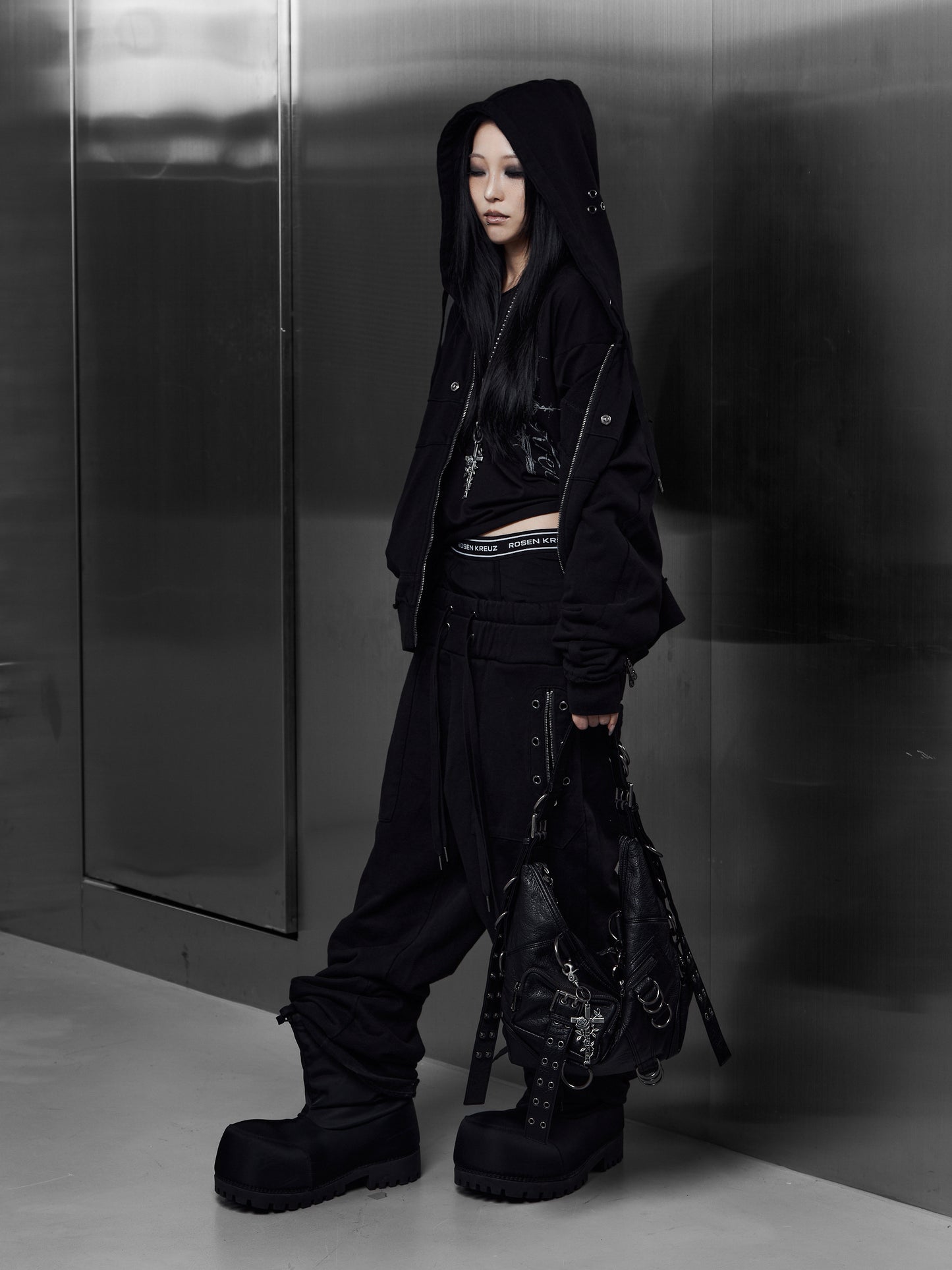 【ROSEN KREUZ】EYELET EDGE Set-Up LAYERED SWEAT PANTS (BLACK)