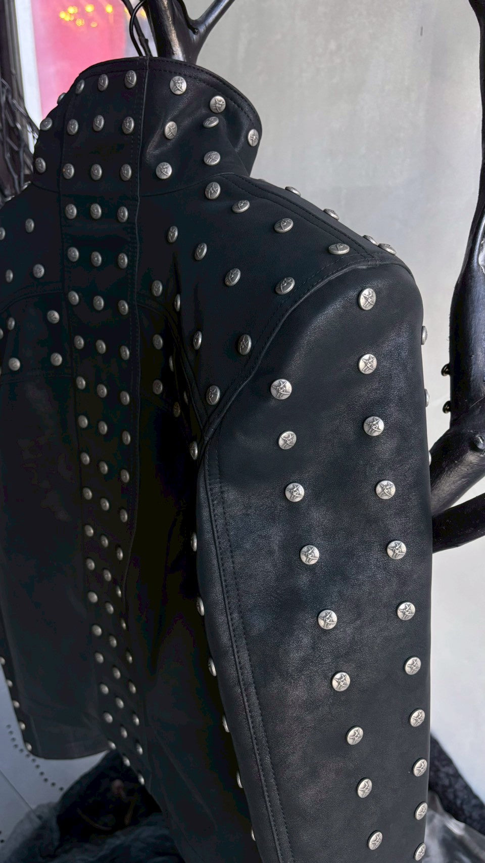 【THOUGHT WE FRIENDS】Studded PU Leather Jacket with Shoulder Pads