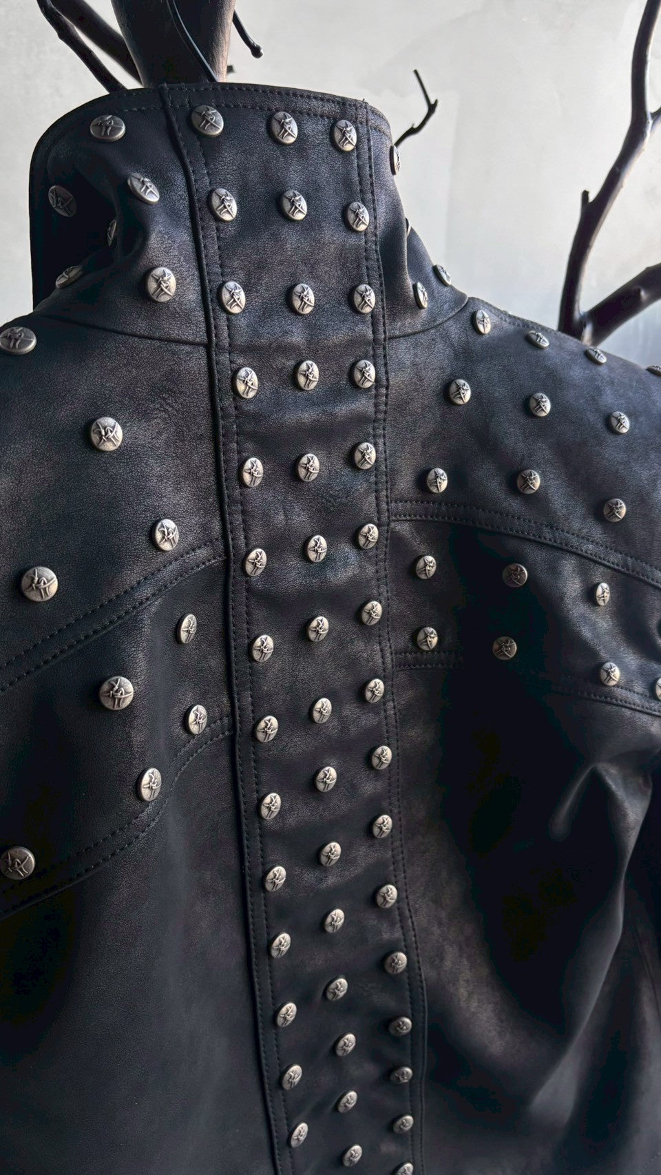 【THOUGHT WE FRIENDS】Studded PU Leather Jacket with Shoulder Pads