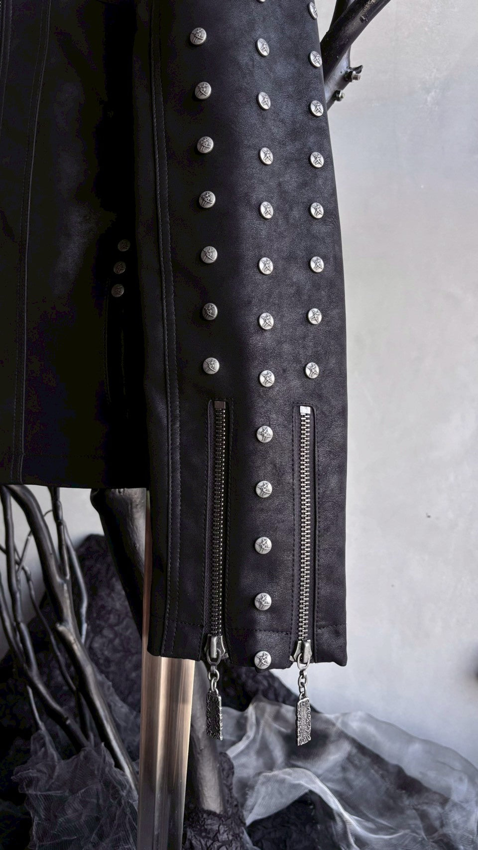 【THOUGHT WE FRIENDS】Studded PU Leather Jacket with Shoulder Pads