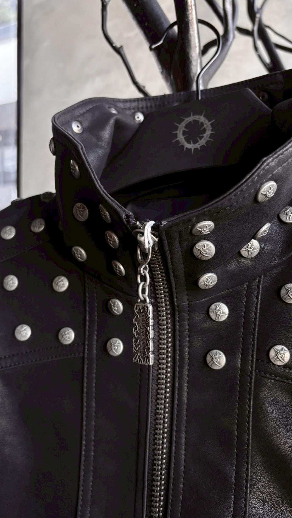 【THOUGHT WE FRIENDS】Studded PU Leather Jacket with Shoulder Pads