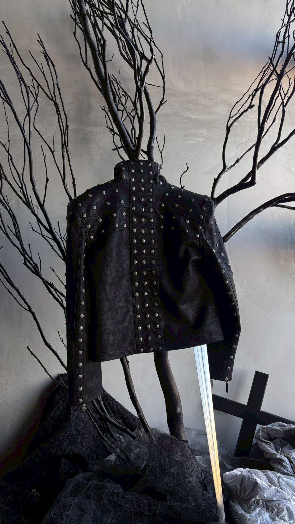 【THOUGHT WE FRIENDS】Studded PU Leather Jacket with Shoulder Pads