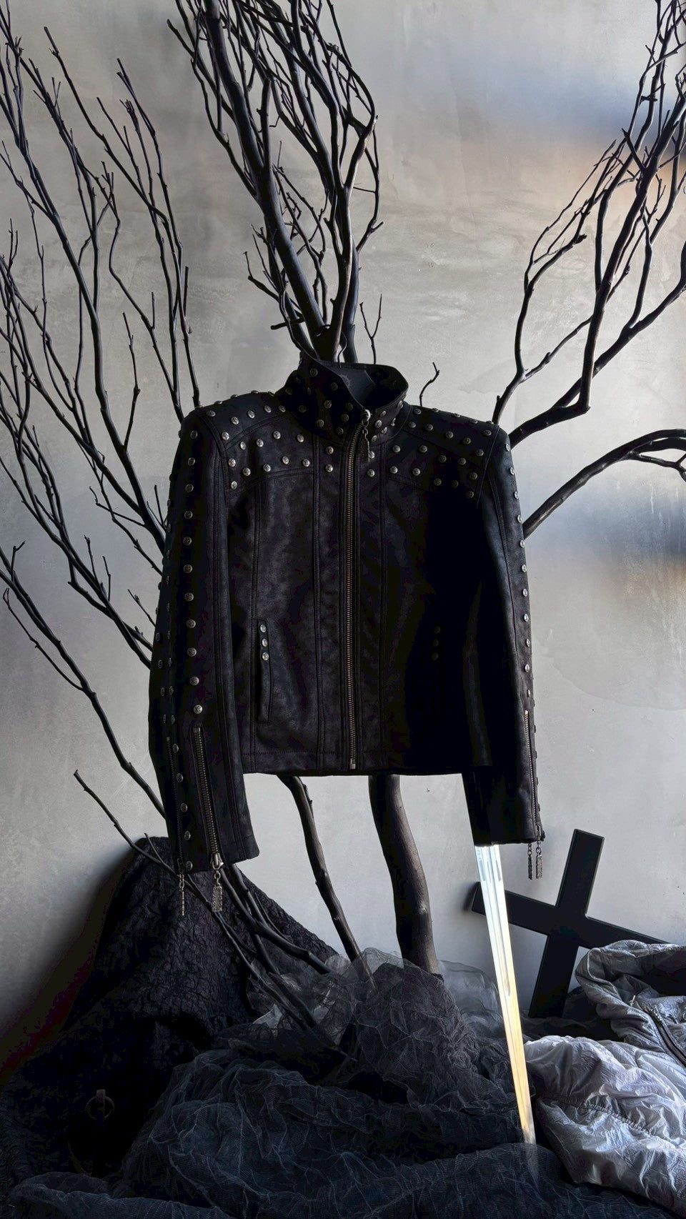 【THOUGHT WE FRIENDS】Studded PU Leather Jacket with Shoulder Pads