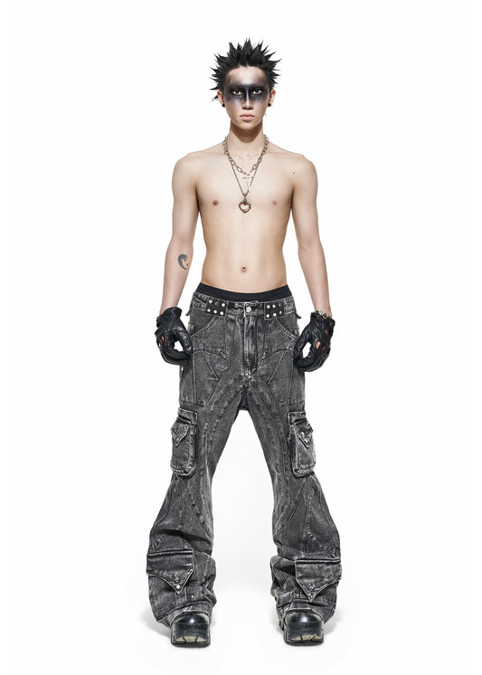 【RICH】Grey Wash Cargo Flare Pants