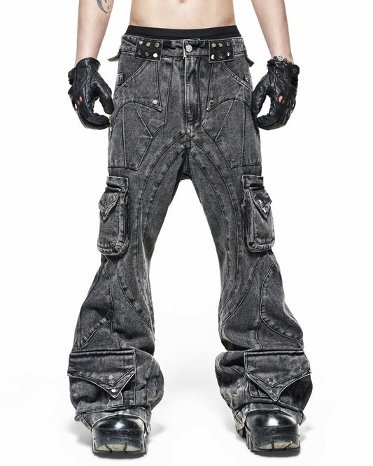 【RICH】Grey Wash Cargo Flare Pants