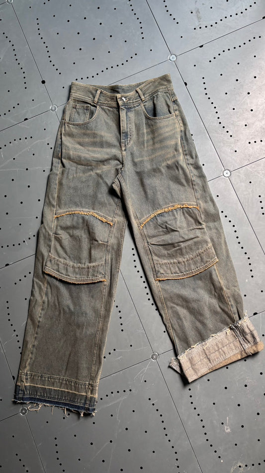 【BLR BLUER】KNEE POINT WASHED DENIM PANTS YELLOWBLUE