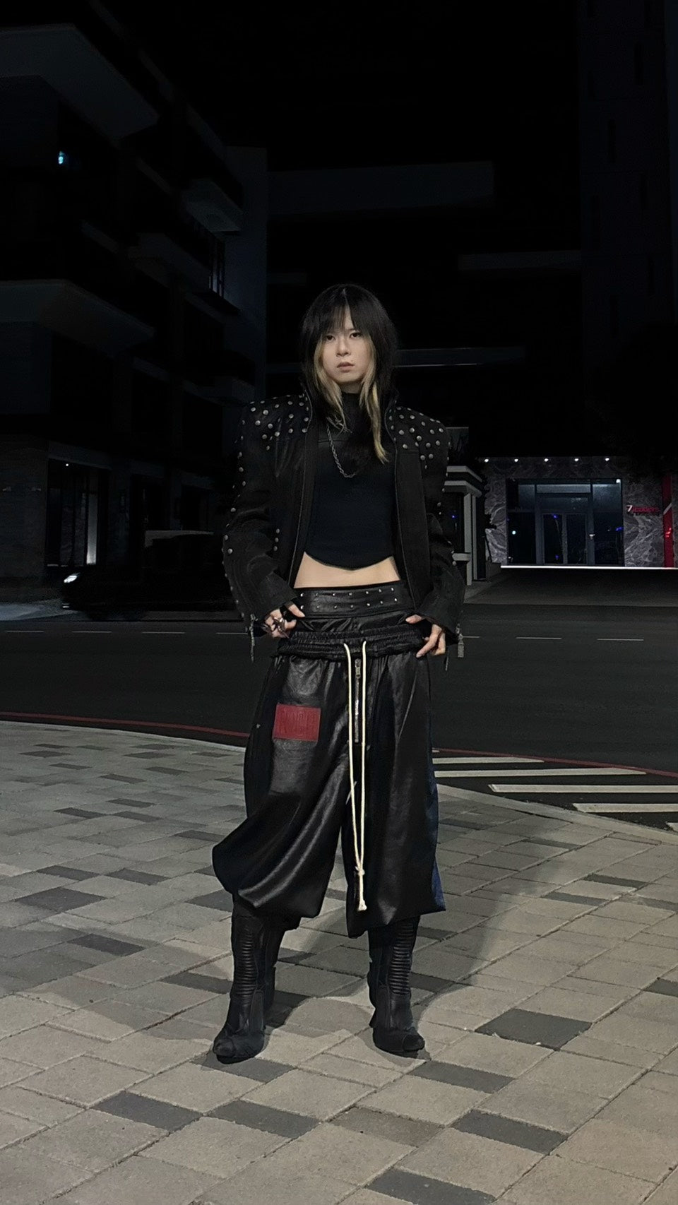 【THOUGHT WE FRIENDS】Studded PU Leather Jacket with Shoulder Pads