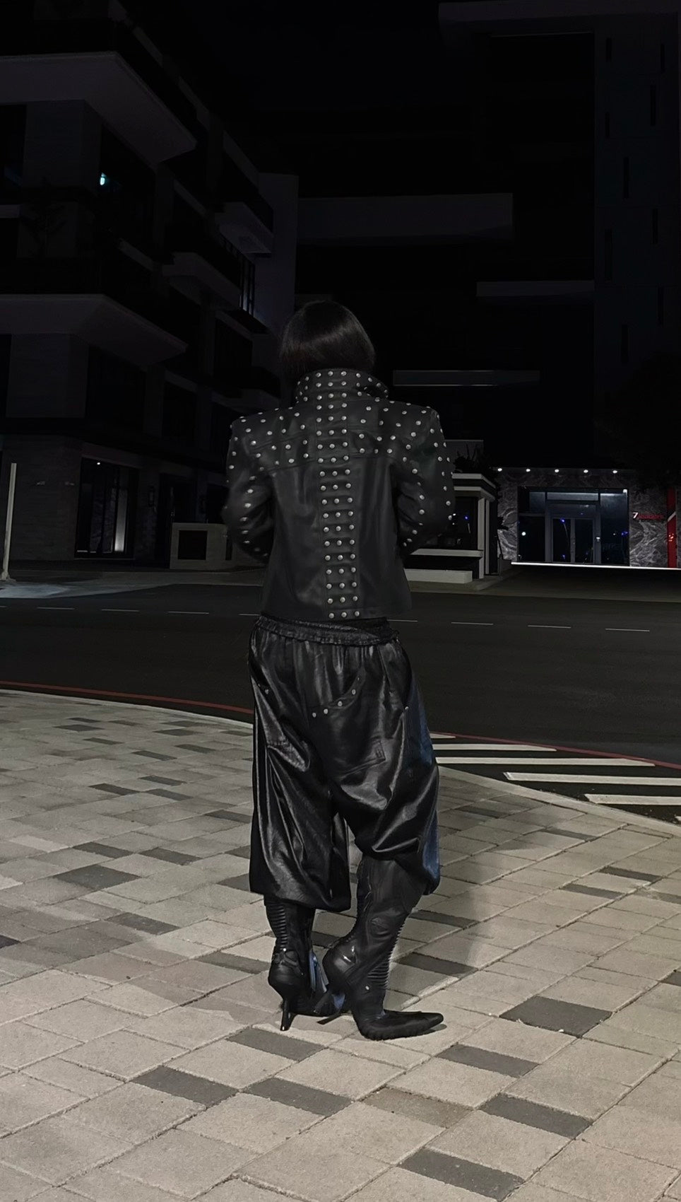 【THOUGHT WE FRIENDS】Studded PU Leather Jacket with Shoulder Pads