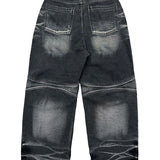 Embossed Wave Washed Denim Pants (Blue)