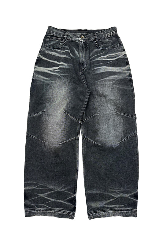 【BLR BLUER】Embossed Wave Washing Wide Denim Pants BLUE