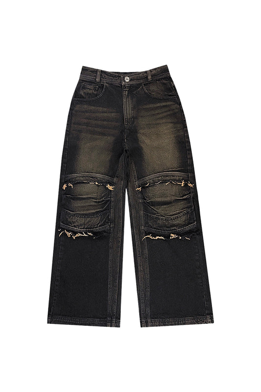 【BLR BLUER】KNEE POINT WASHED DENIM PANTS BROWN 