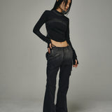 Bleached Layered Chest Shirring Knit T-shirts Black
