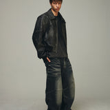 Embossed Wave Washed Denim Pants (Blue)