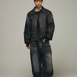 Embossed Wave Washed Denim Pants (Blue)