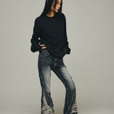 Destroyed Crush Double Line Washing Denim Pants
