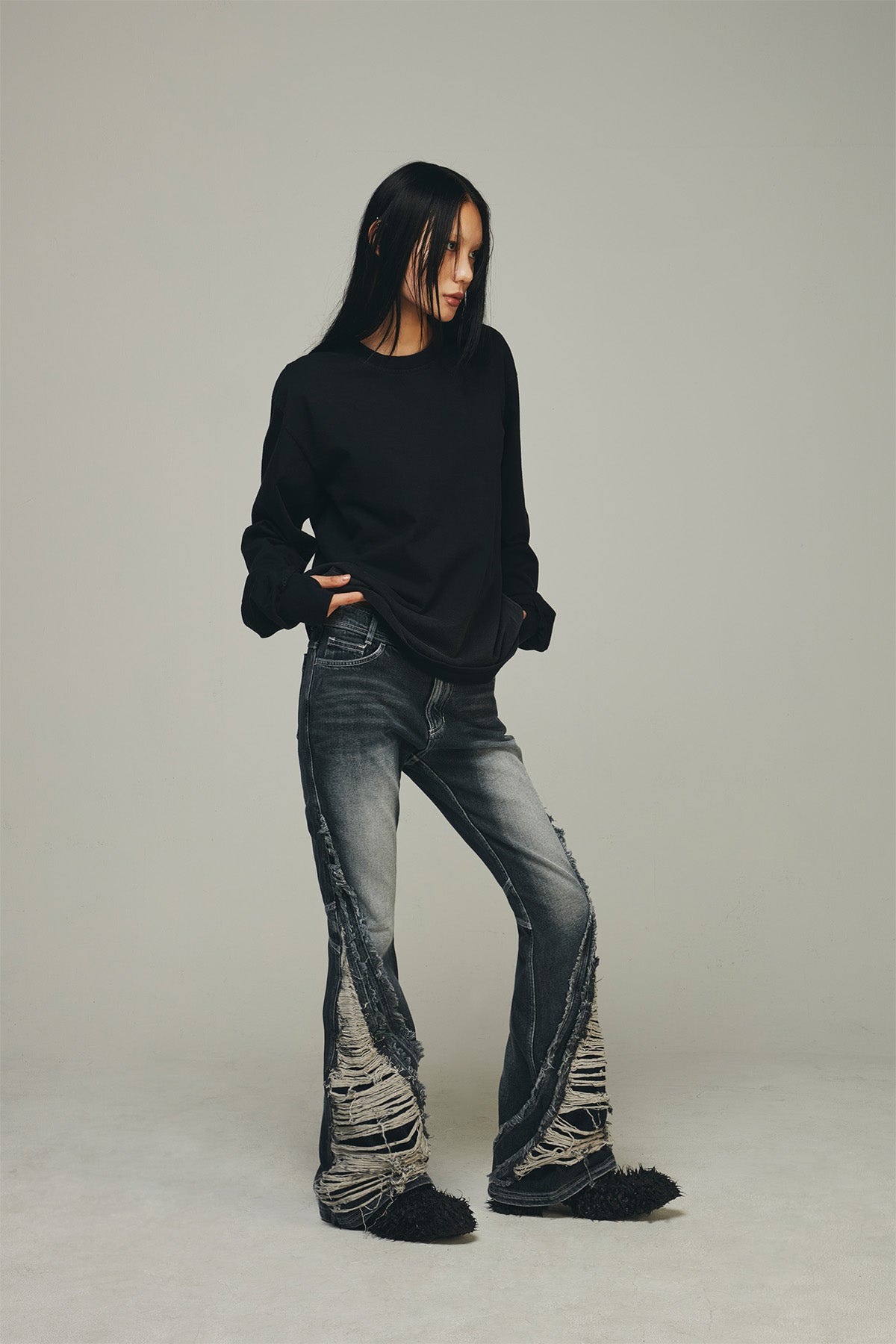 【BLR BLUER】Destroyed Crush Double Line Washing Denim Pants 