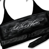 <LOST IN CASTLE> LEATHER HALTER TOP - BLACK