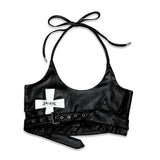 <LOST IN CASTLE> LEATHER HALTER TOP - BLACK