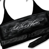 <LOST IN CASTLE> LEATHER HALTER TOP - BLACK
