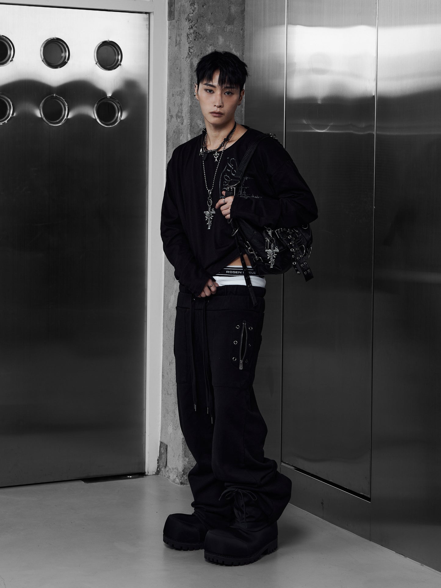 【ROSEN KREUZ】EYELET EDGE Set-Up LAYERED SWEAT PANTS (BLACK)