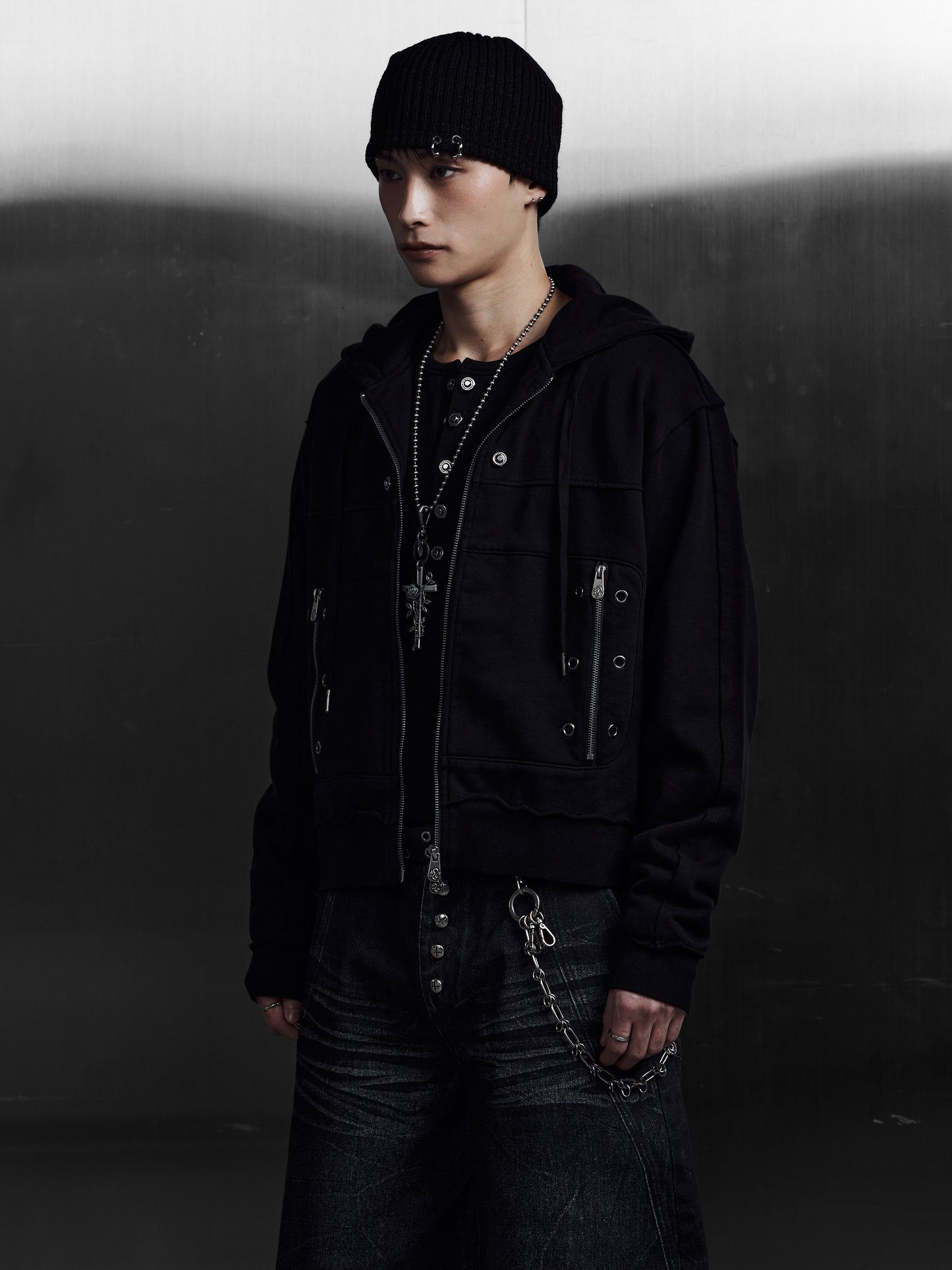 【ROSEN KREUZ】EYELET EDGE Set-Up ZIP-UP HOODIE (BLACK)