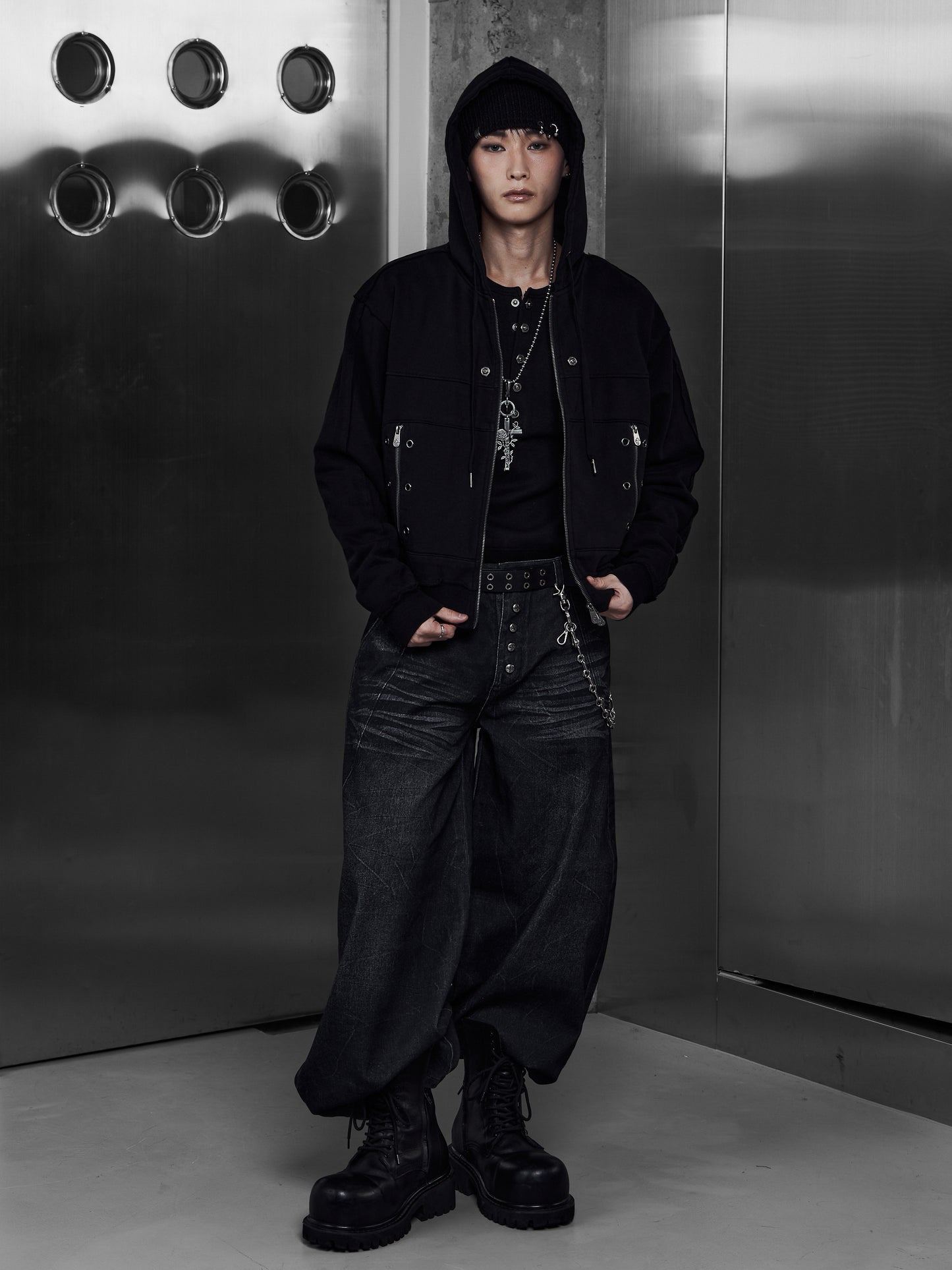 【ROSEN KREUZ】EYELET EDGE Set-Up ZIP-UP HOODIE (BLACK)