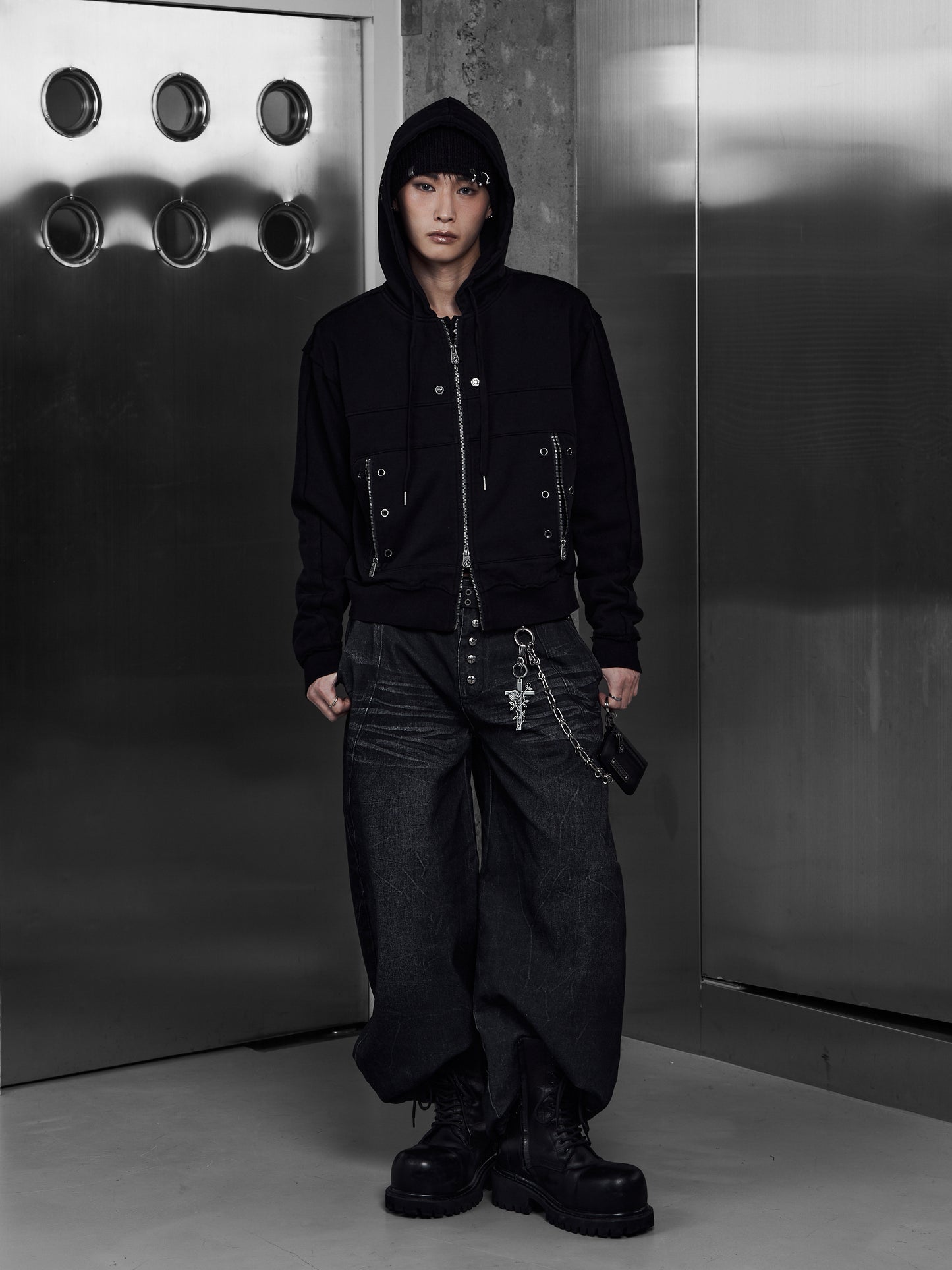 【ROSEN KREUZ】EYELET EDGE Set-Up ZIP-UP HOODIE (BLACK)