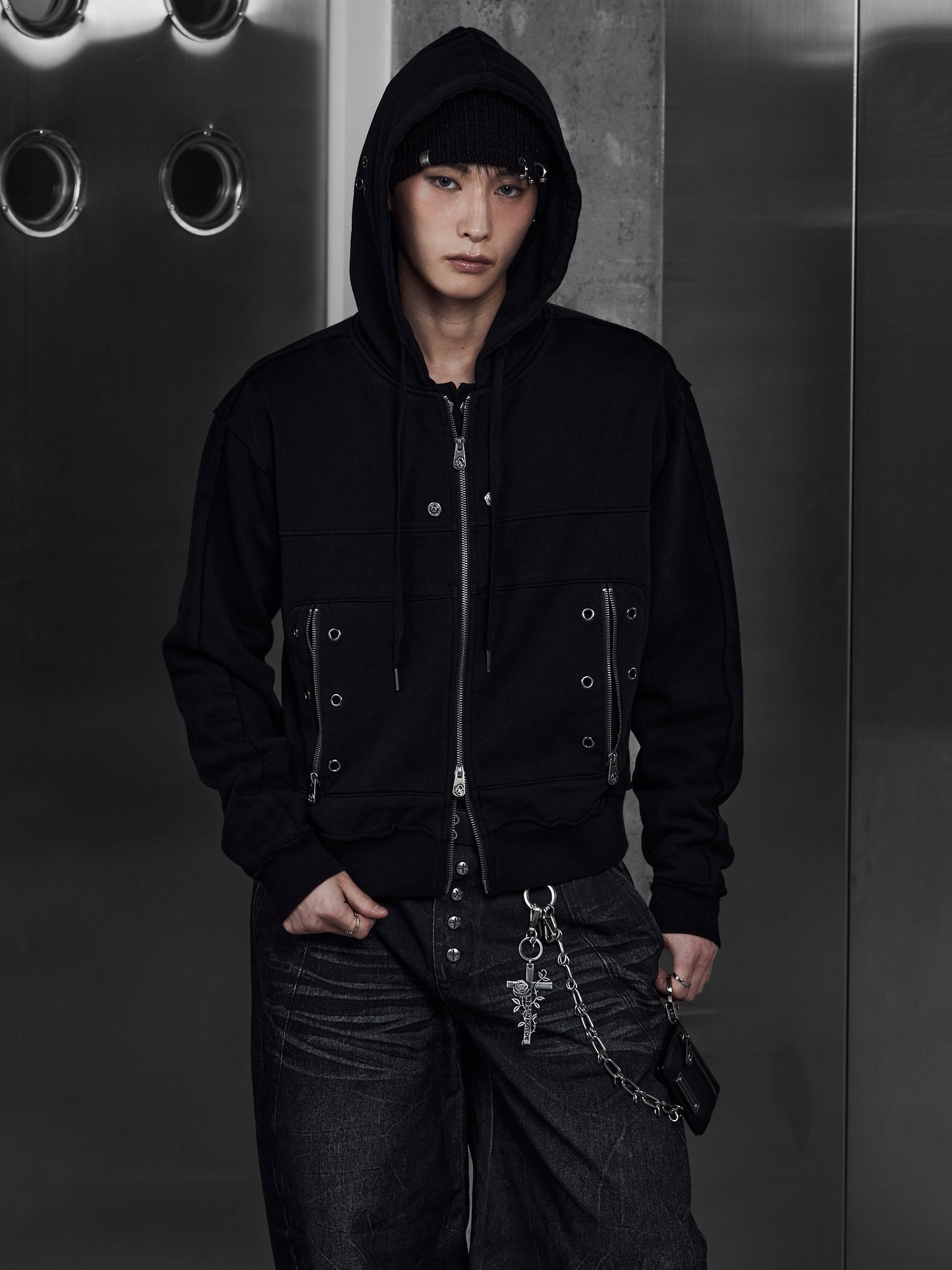 【ROSEN KREUZ】EYELET EDGE Set-Up ZIP-UP HOODIE (BLACK)