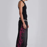 Super Baggy Washed Black Pink Embroidered Retro Jeans
