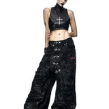 Black Wax Ripped Wide Pants