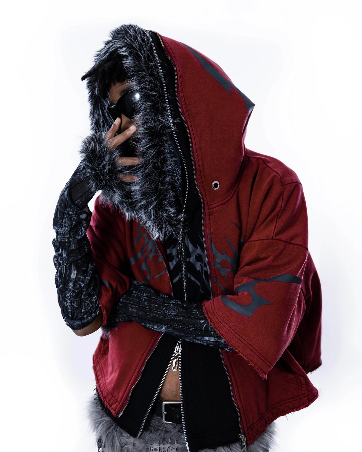 【SATSUN NIGHT】<it n0t black white> - SHORT JACKET - WASHED DRAK RED</it>