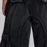 Faded Black Cargo Studded Drawstring Multi-Pocket Jeans