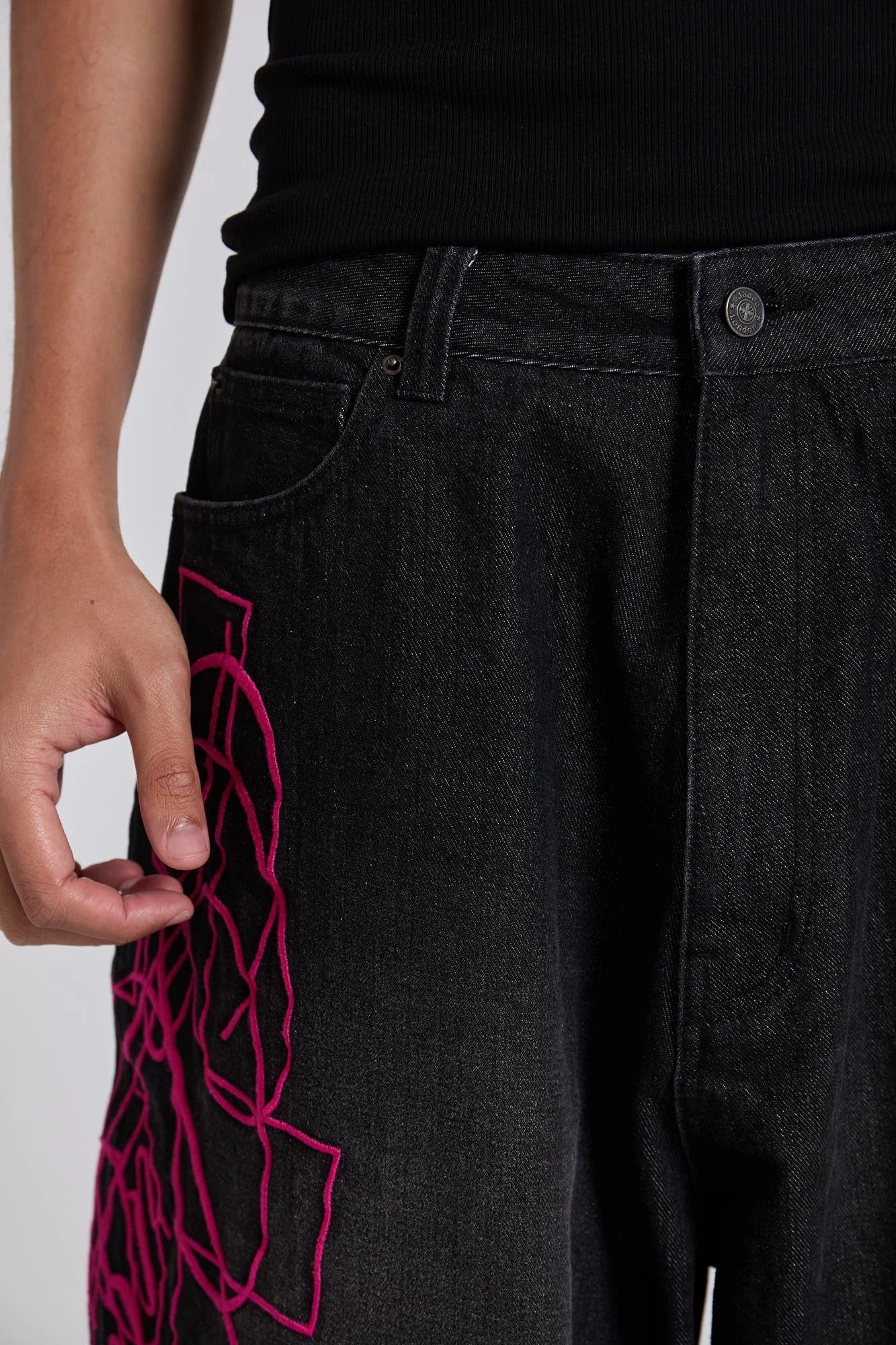 Super Baggy Washed Black Pink Embroidered Retro Jeans