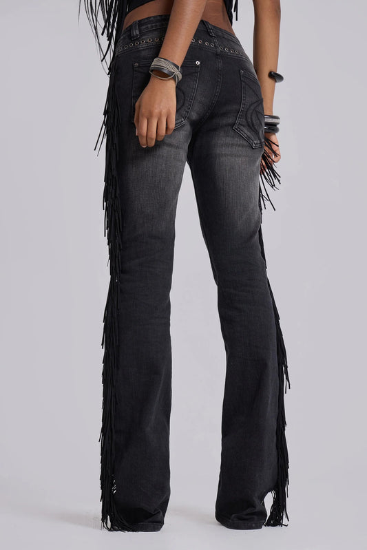 El Topo Black Washed Tassel Flare Jeans