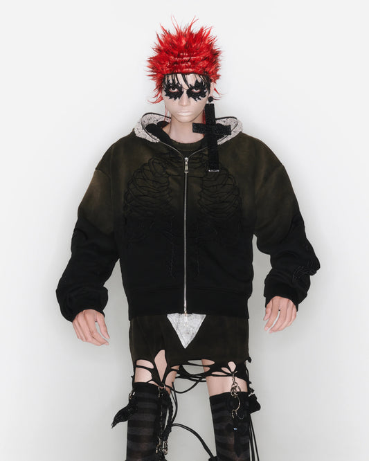 【UNIZ】SKELETON KNIGHT HOODIE - BROWN DIY WASHED
