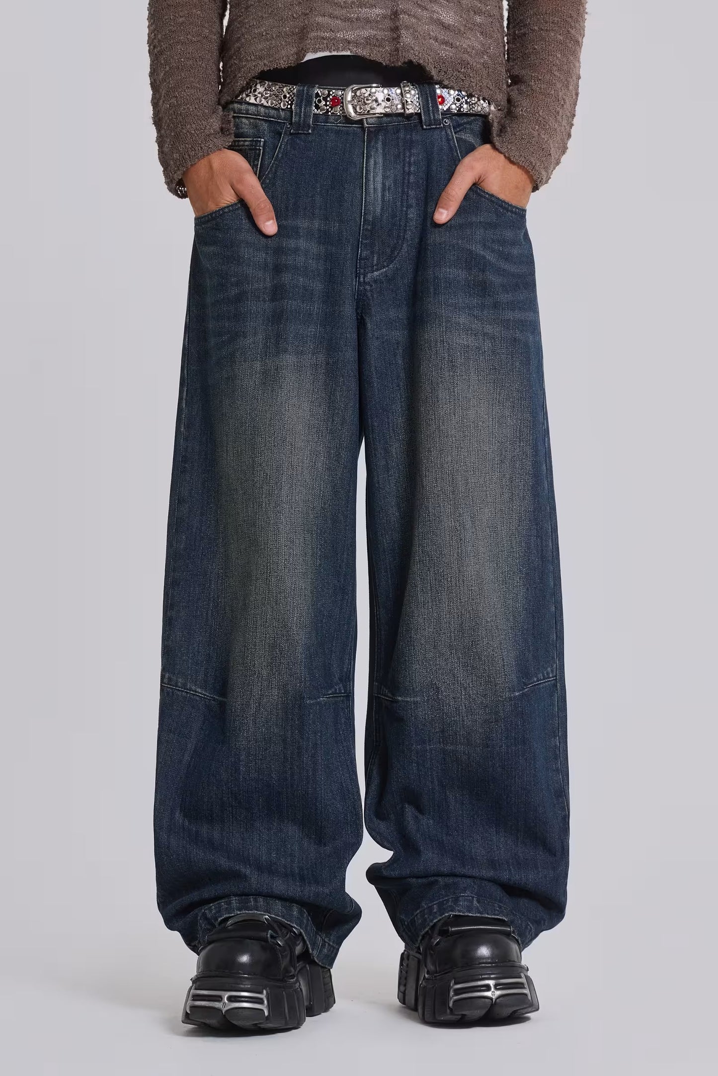 Low Rise Mid-Blue Coarse Tweed Wide-Leg Jeans