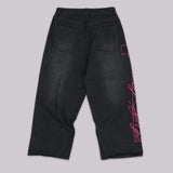 Super Baggy Washed Black Pink Embroidered Retro Jeans