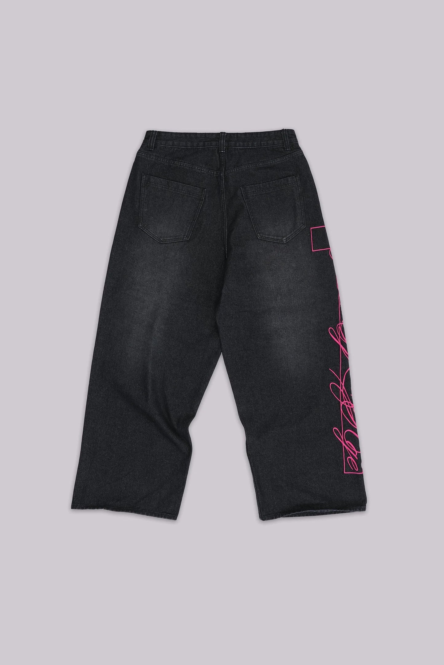 Super Baggy Washed Black Pink Embroidered Retro Jeans