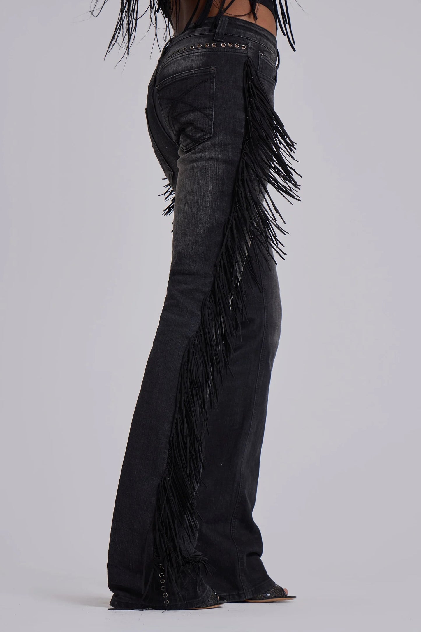 El Topo Black Washed Tassel Flare Jeans