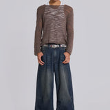 Low Rise Mid-Blue Coarse Tweed Wide-Leg Jeans