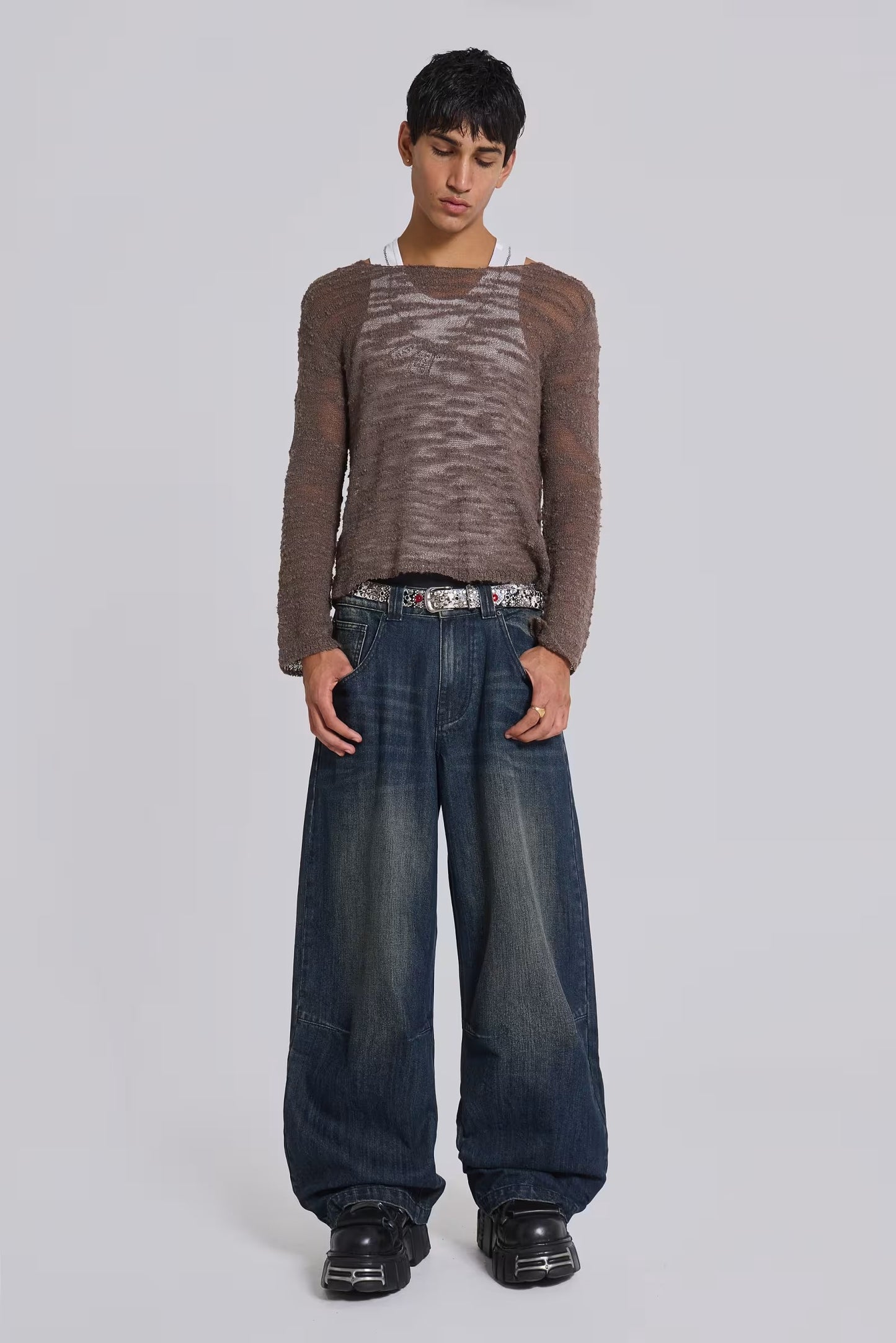 Low Rise Mid-Blue Coarse Tweed Wide-Leg Jeans