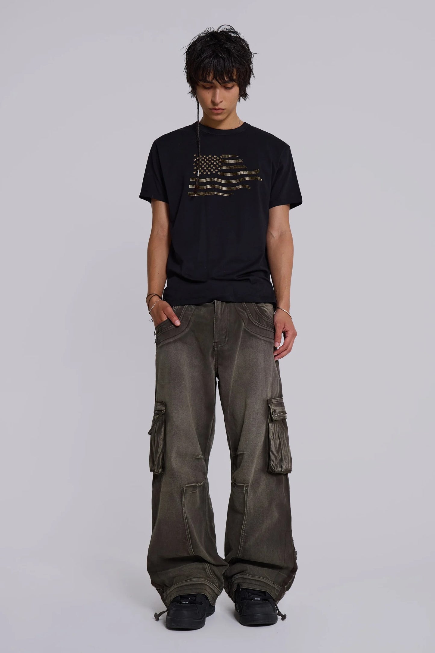 Faded Khaki Cargo Studded Drawstring Multi-Pocket Jeans