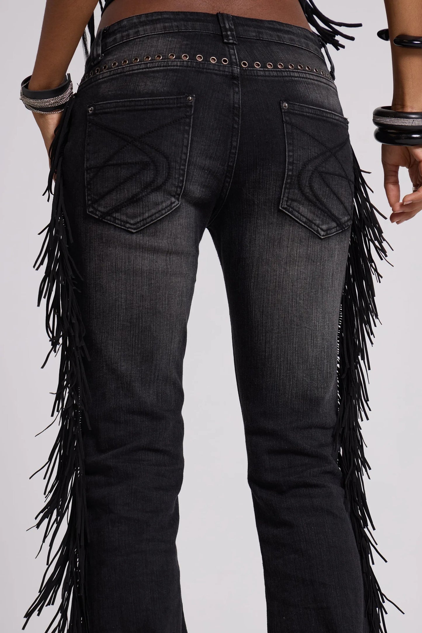 El Topo Black Washed Tassel Flare Jeans