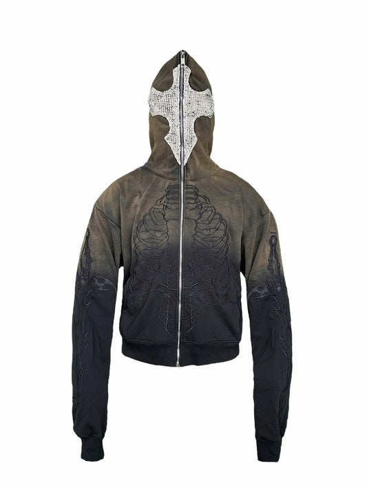 【UNIZ】SKELETON KNIGHT HOODIE - BROWN DIY WASHED