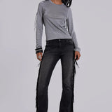 El Topo Black Washed Tassel Flare Jeans