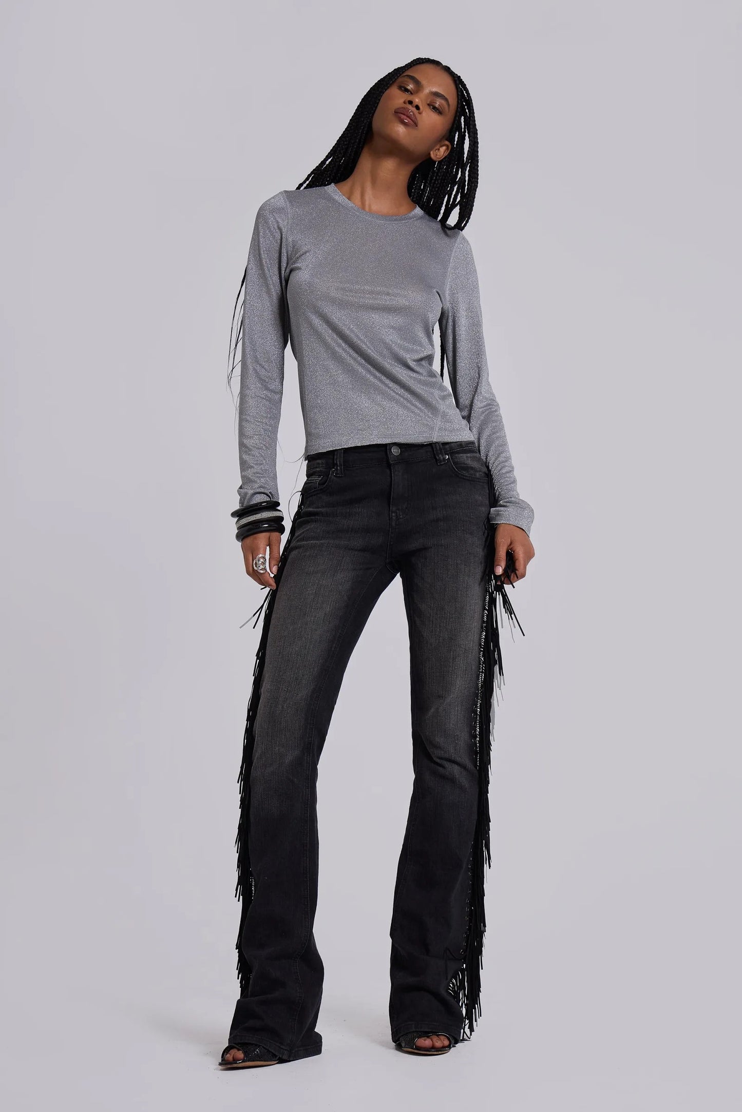 El Topo Black Washed Tassel Flare Jeans